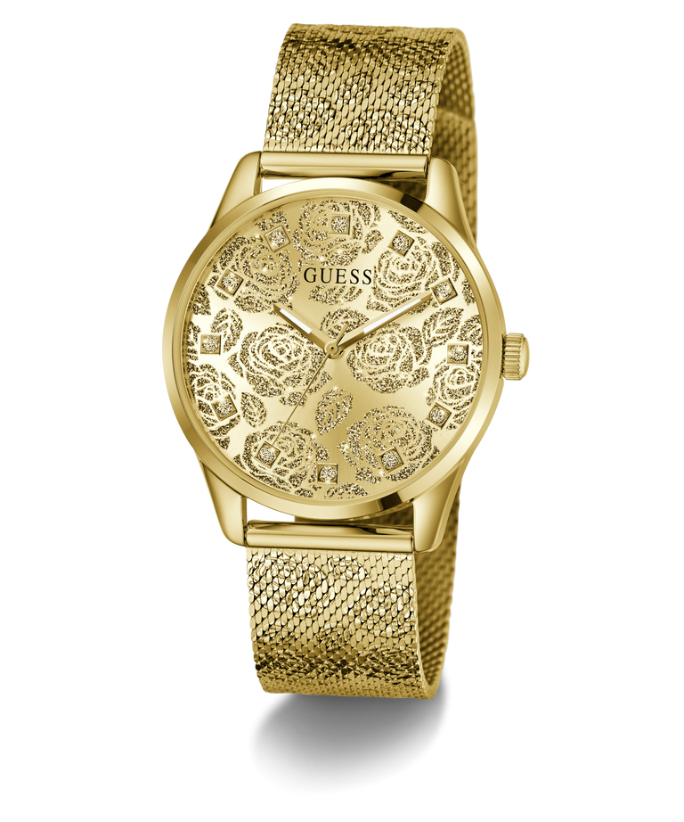 Gold GUESS Ladies Gold Tone Analog Watch with floral pattern on a white background