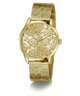 Gold GUESS Ladies Gold Tone Analog Watch with floral pattern on a white background