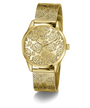 Gold GUESS Ladies Gold Tone Analog Watch with floral pattern on a white background