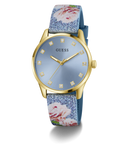 GUESS Ladies Blue Gold Tone Analog Watch with floral strap on a white background