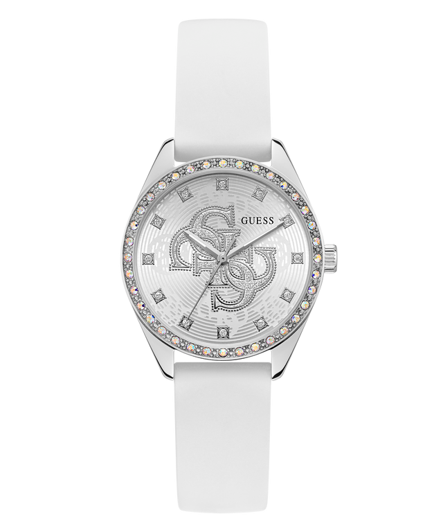 White Guess watch with silver dial on a white background
