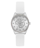 White Guess watch with silver dial on a white background