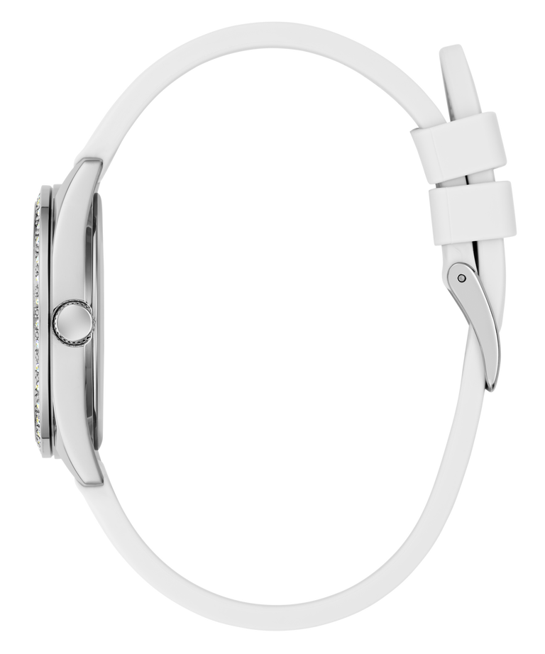 GUESS Ladies White Silver Tone Analog Watch with a white strap on a white background
