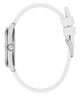 GUESS Ladies White Silver Tone Analog Watch with a white strap on a white background