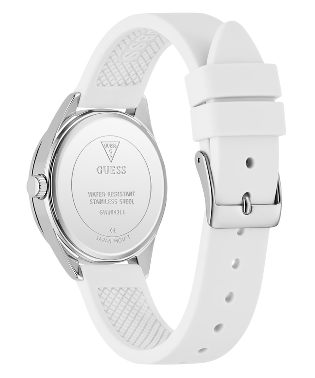 White GUESS Ladies White Silver Tone Analog Watch with a visible brand logo on a white background