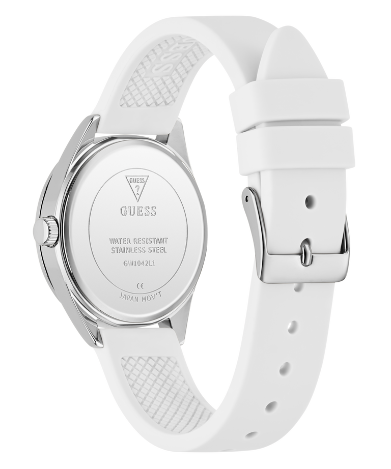 White GUESS Ladies White Silver Tone Analog Watch with a visible brand logo on a white background