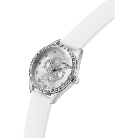 White GUESS Ladies White Silver Tone Analog Watch with a silver case and visible brand logo on a white background lifestyle