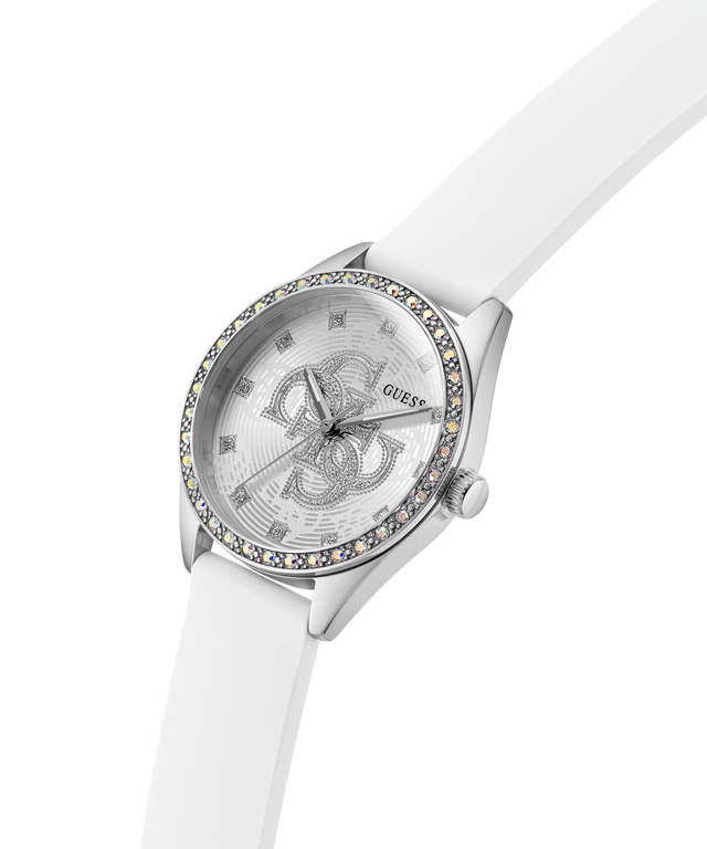 White GUESS Ladies White Silver Tone Analog Watch with a silver case and visible brand logo on a white background lifestyle