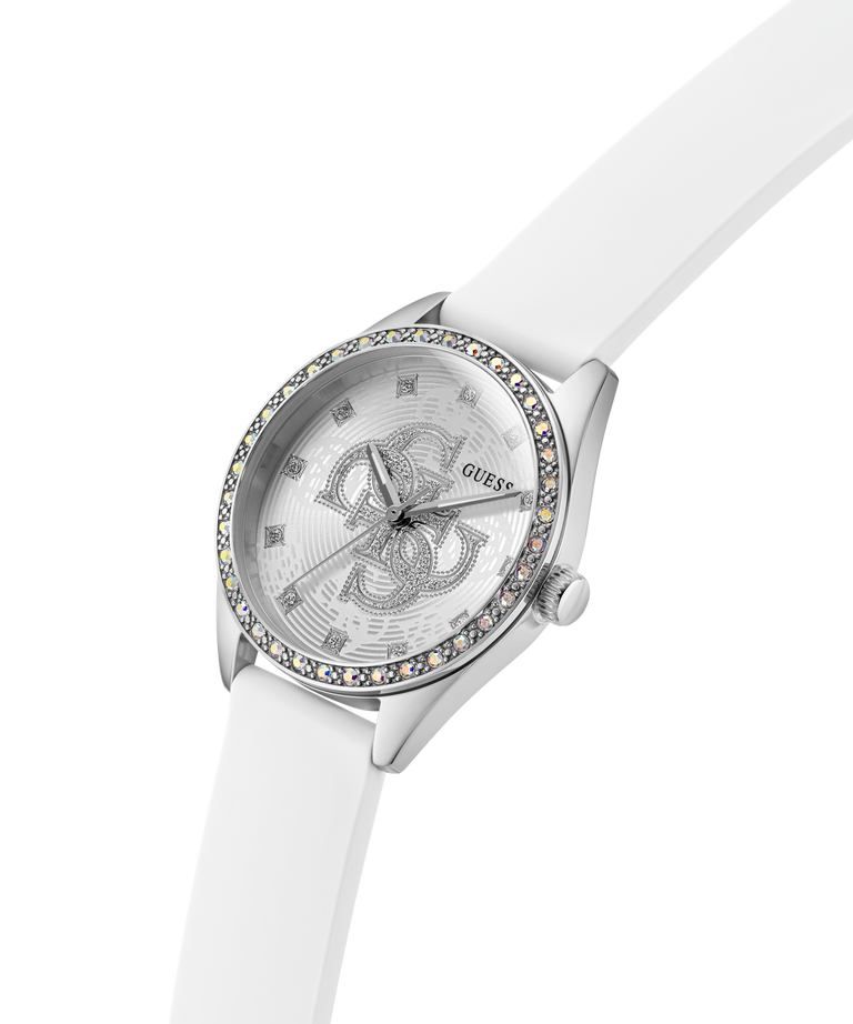 White GUESS Ladies White Silver Tone Analog Watch with a silver case and visible brand logo on a white background lifestyle