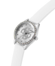 White GUESS Ladies White Silver Tone Analog Watch with a silver case and visible brand logo on a white background lifestyle