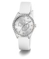 White GUESS Ladies White Silver Tone Analog Watch with decorative face and Guess logo on a white background
