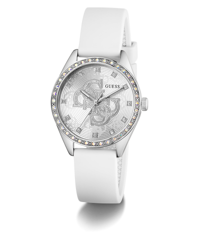 White GUESS Ladies White Silver Tone Analog Watch with decorative face and Guess logo on a white background
