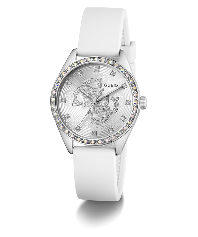 White GUESS Ladies White Silver Tone Analog Watch with decorative face and Guess logo on a white background