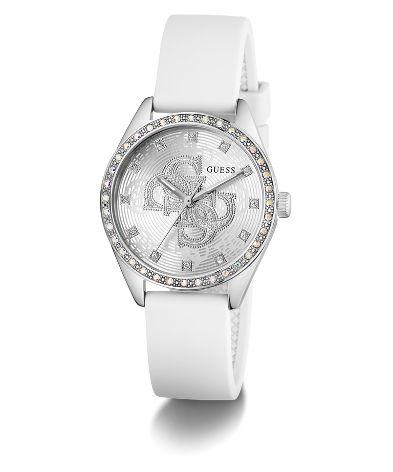 White GUESS Ladies White Silver Tone Analog Watch with decorative face and Guess logo on a white background