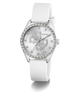 White GUESS Ladies White Silver Tone Analog Watch with decorative face and Guess logo on a white background