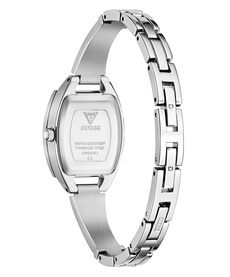Silver watch with a visible brand logo on a white background