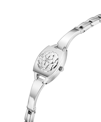 Silver watch with floral design on a white background lifestyle