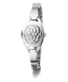 Silver GUESS Ladies Silver Tone Analog Watch with floral design on a white background