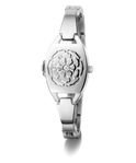 Silver GUESS Ladies Silver Tone Analog Watch with floral design on a white background