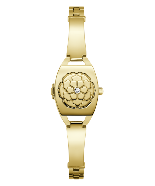 Gold GUESS Ladies Gold Tone Analog Watch with floral design on a white background