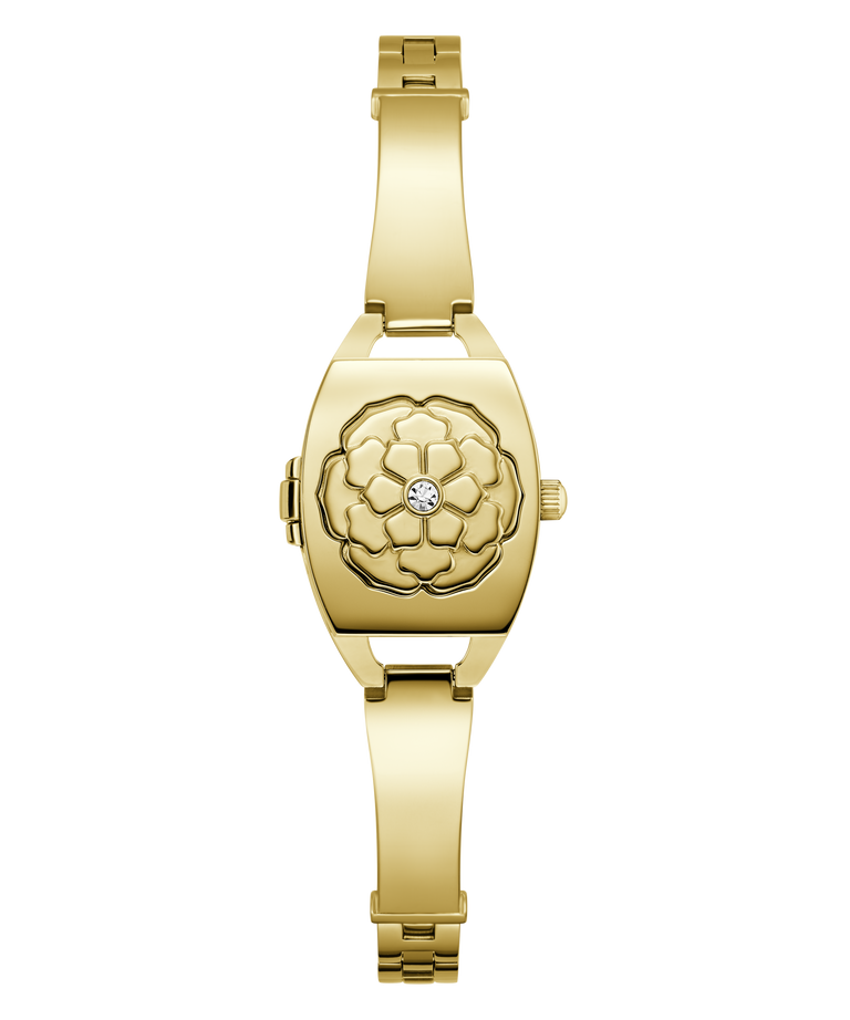 Gold GUESS Ladies Gold Tone Analog Watch with floral design on a white background