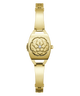 Gold GUESS Ladies Gold Tone Analog Watch with floral design on a white background