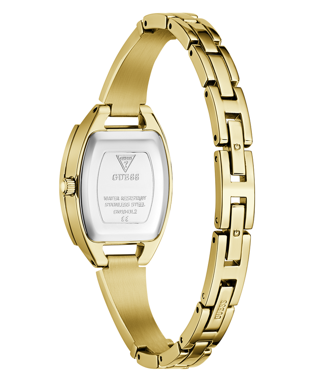 Gold GUESS Ladies Gold Tone Analog Watch with a visible brand logo on a white background