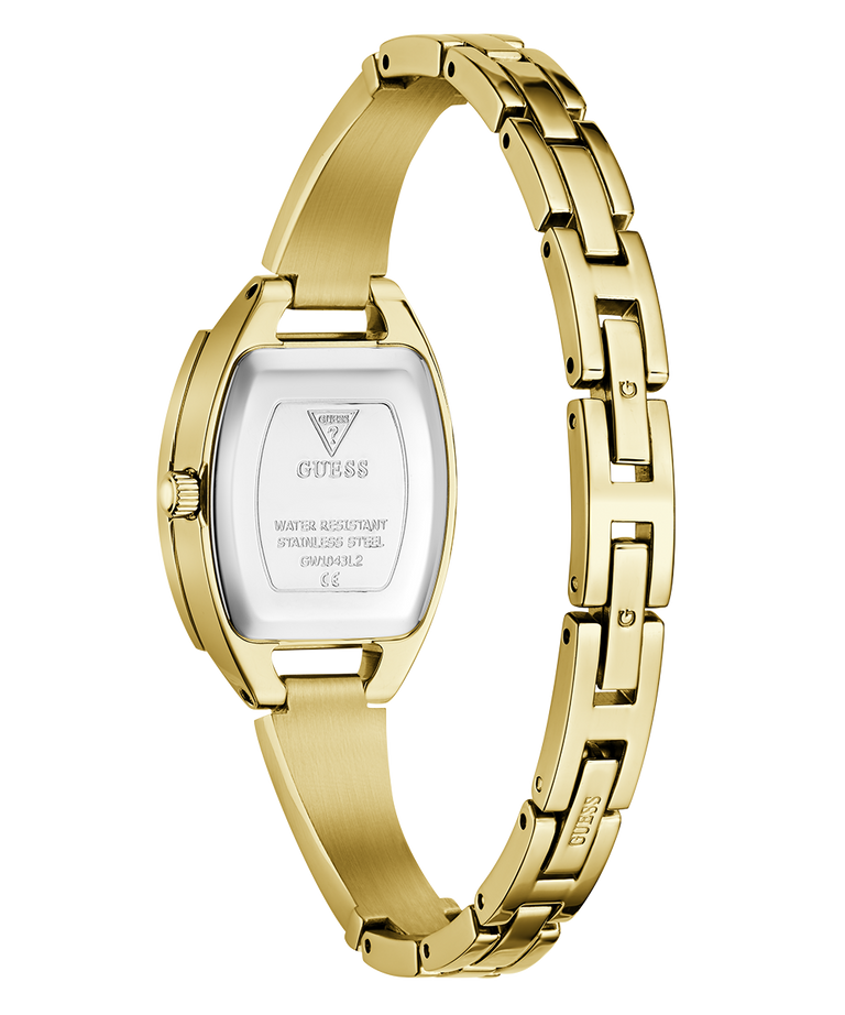Gold GUESS Ladies Gold Tone Analog Watch with a visible brand logo on a white background
