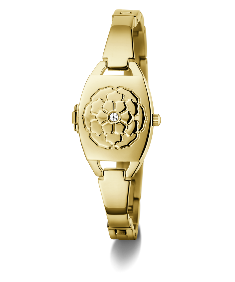 Gold GUESS Ladies Gold Tone Analog Watch with floral design on a white background