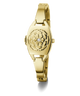 Gold GUESS Ladies Gold Tone Analog Watch with floral design on a white background