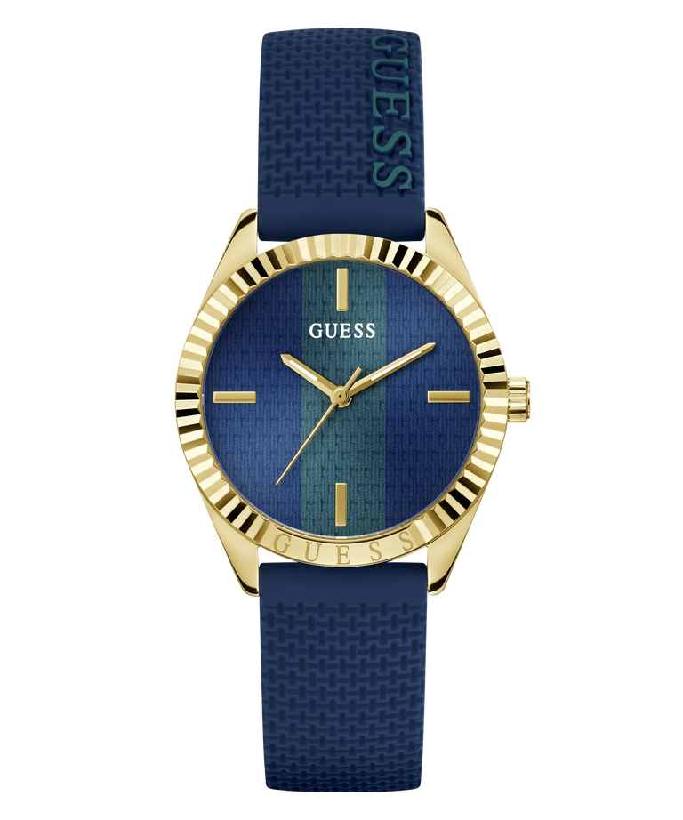 Guess watch with blue strap and gold casing on a white background