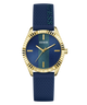 Guess watch with blue strap and gold casing on a white background