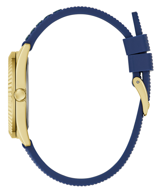 Wristwatch with blue strap and gold case on a white background