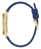 Wristwatch with blue strap and gold case on a white background