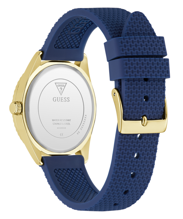 Blue watch with gold accents on a white background