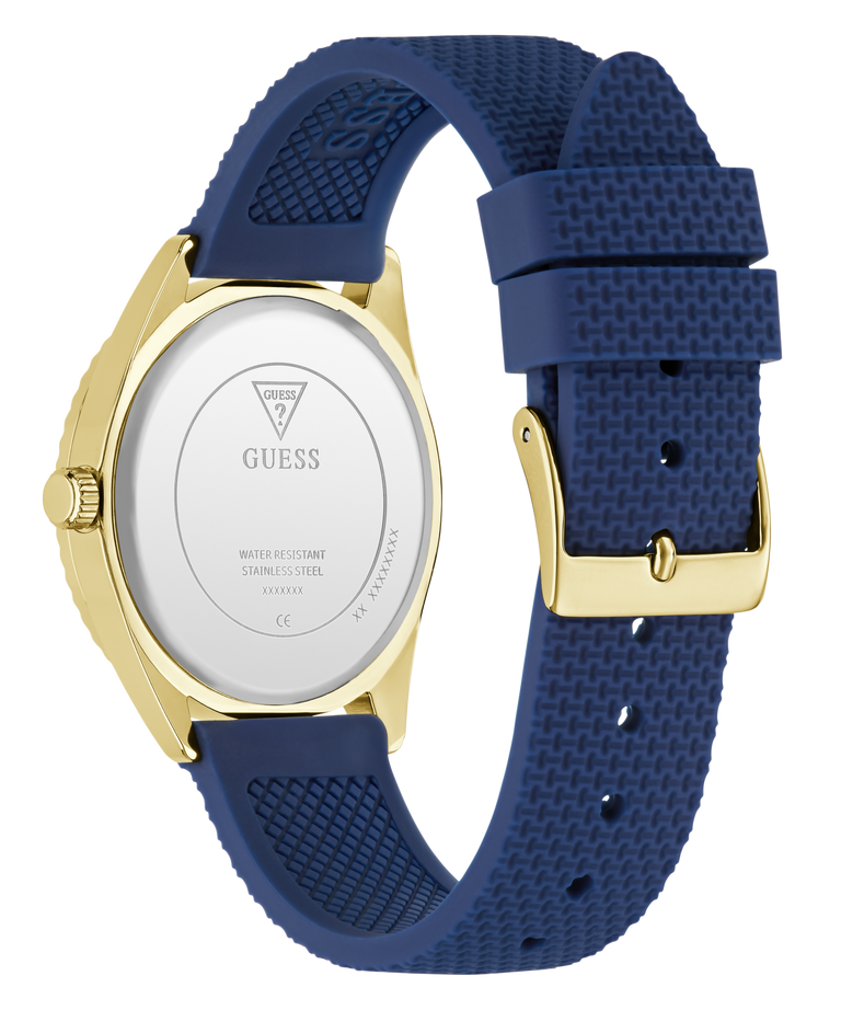 Blue watch with gold accents on a white background