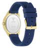 Blue watch with gold accents on a white background