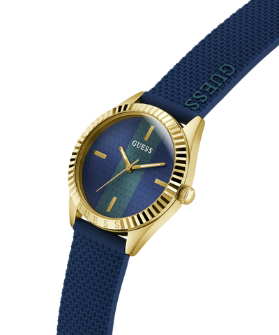 Guess watch with blue strap and gold casing on a white background lifestyle