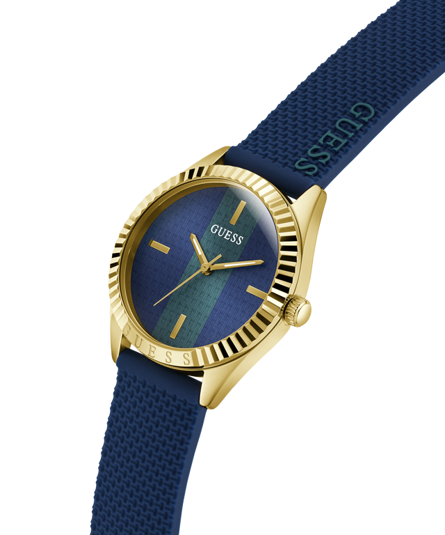 Guess watch with blue strap and gold casing on a white background lifestyle