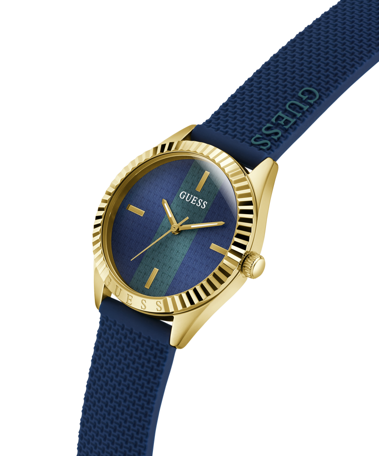 Guess watch with blue strap and gold casing on a white background lifestyle