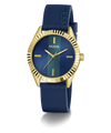 GUESS Ladies Blue Gold Tone Analog Watch with blue strap and gold case on a white background