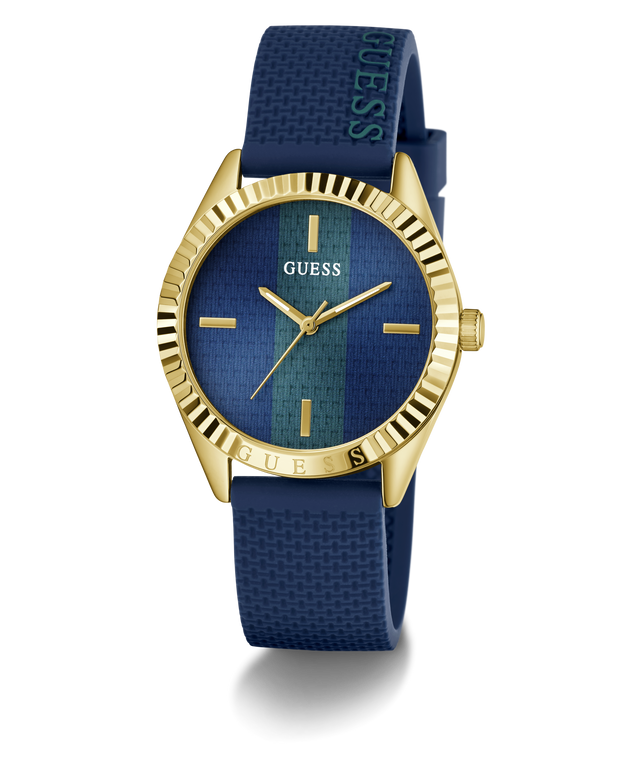 GUESS Ladies Blue Gold Tone Analog Watch with blue strap and gold case on a white background