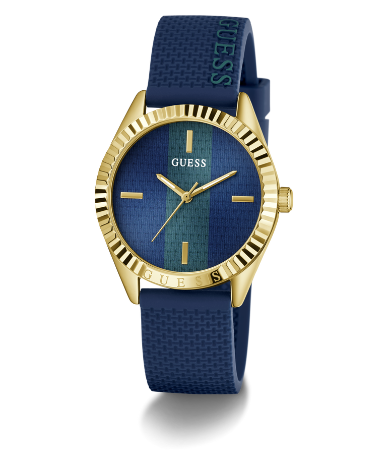 GUESS Ladies Blue Gold Tone Analog Watch with blue strap and gold case on a white background