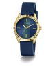 GUESS Ladies Blue Gold Tone Analog Watch with blue strap and gold case on a white background