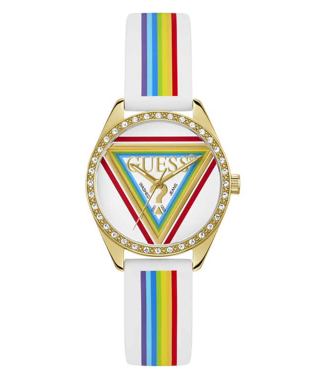 GUESS Ladies Pride Limited Edition White Gold Tone Analog Watch with rainbow strap on a white background