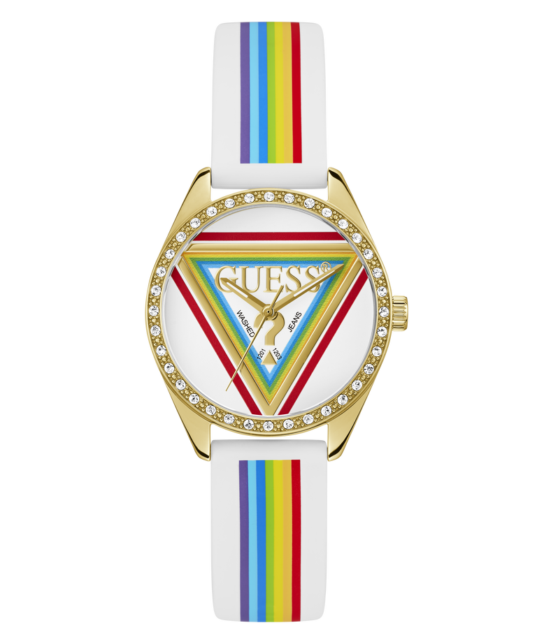 GUESS Ladies Pride Limited Edition White Gold Tone Analog Watch with rainbow strap on a white background