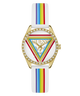 GUESS Ladies Pride Limited Edition White Gold Tone Analog Watch with rainbow strap on a white background