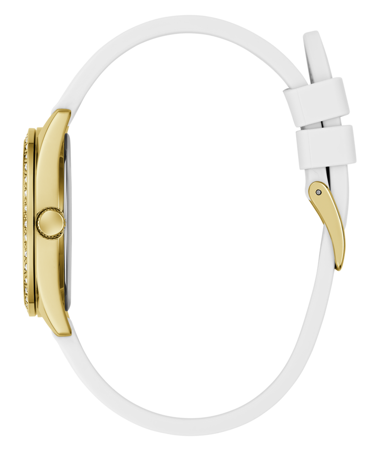 Gold watch with a white strap on a white background