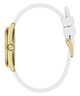 Gold watch with a white strap on a white background