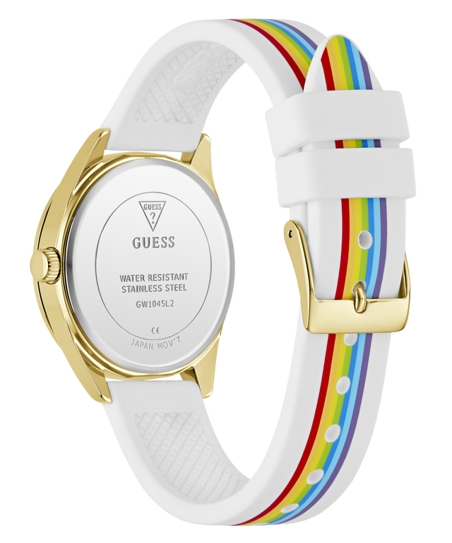 Guess watch with white strap and rainbow pattern on a white background
